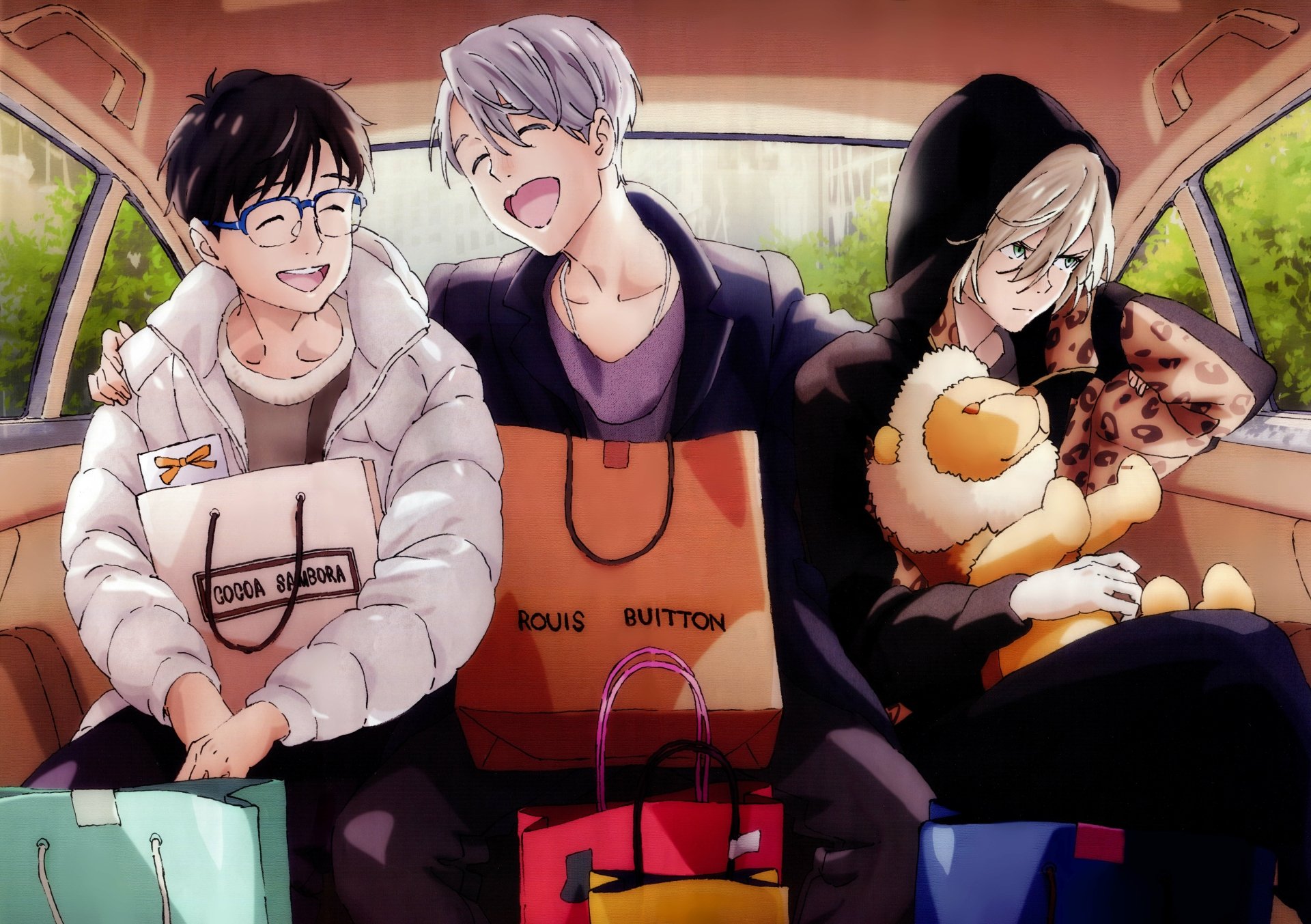 HD desktop wallpaper from Yuri!!! on ICE featuring three characters in a car, smiling and holding shopping bags, with lush greenery visible through the windows.