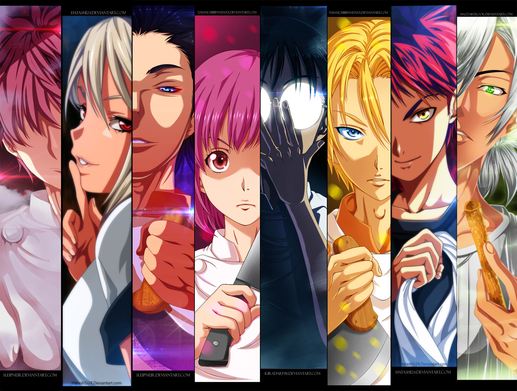 HD PC desktop wallpaper featuring vibrant anime characters from Food Wars: Shokugeki no Soma, each depicted with distinct expressions and colorful backgrounds.