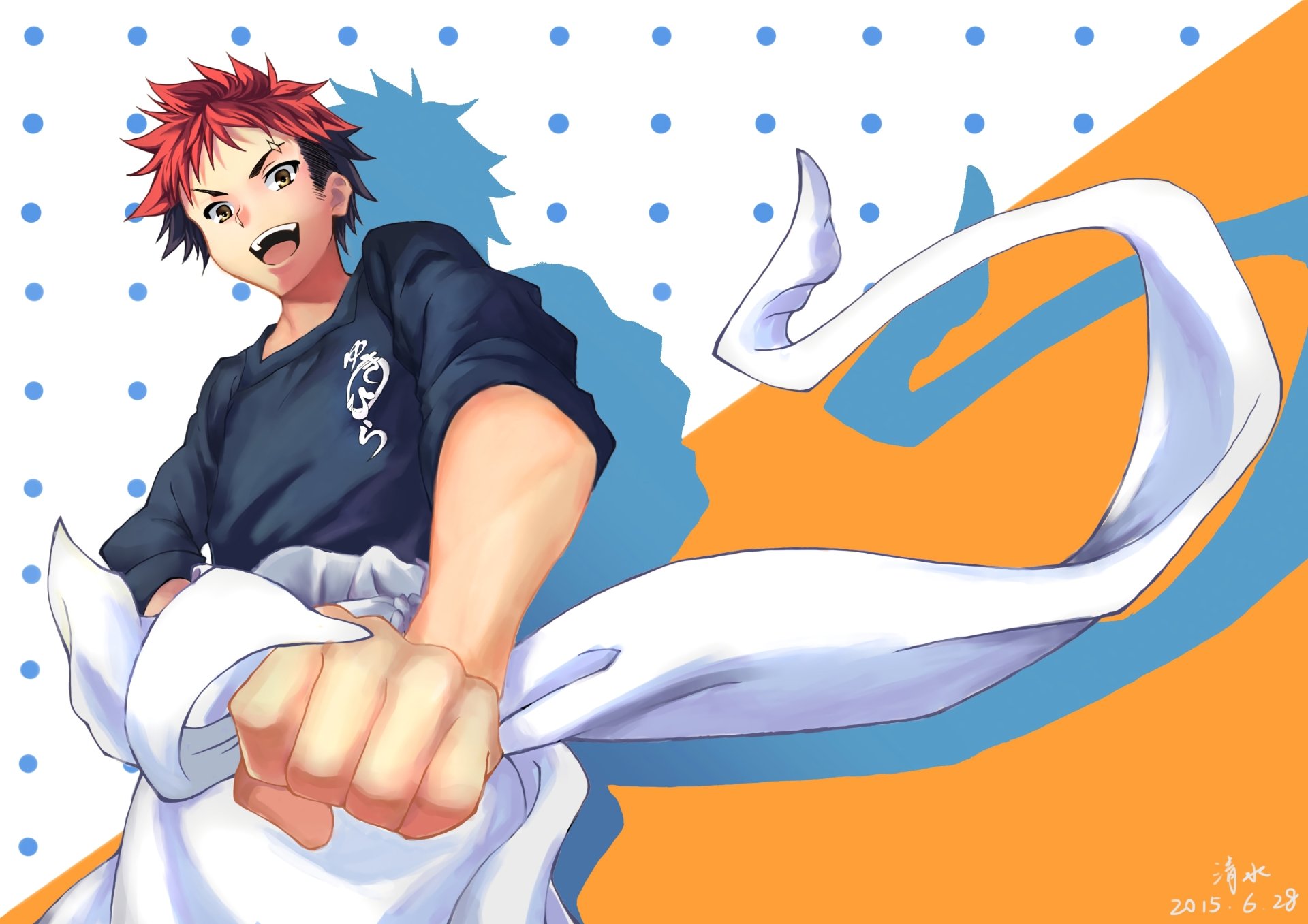 2K Quad HD PC desktop wallpaper of Sōma Yukihira from Food Wars: Shokugeki no Soma — red-haired anime chef in a dynamic pose, fist forward, apron ribbon swirling over orange and blue background.