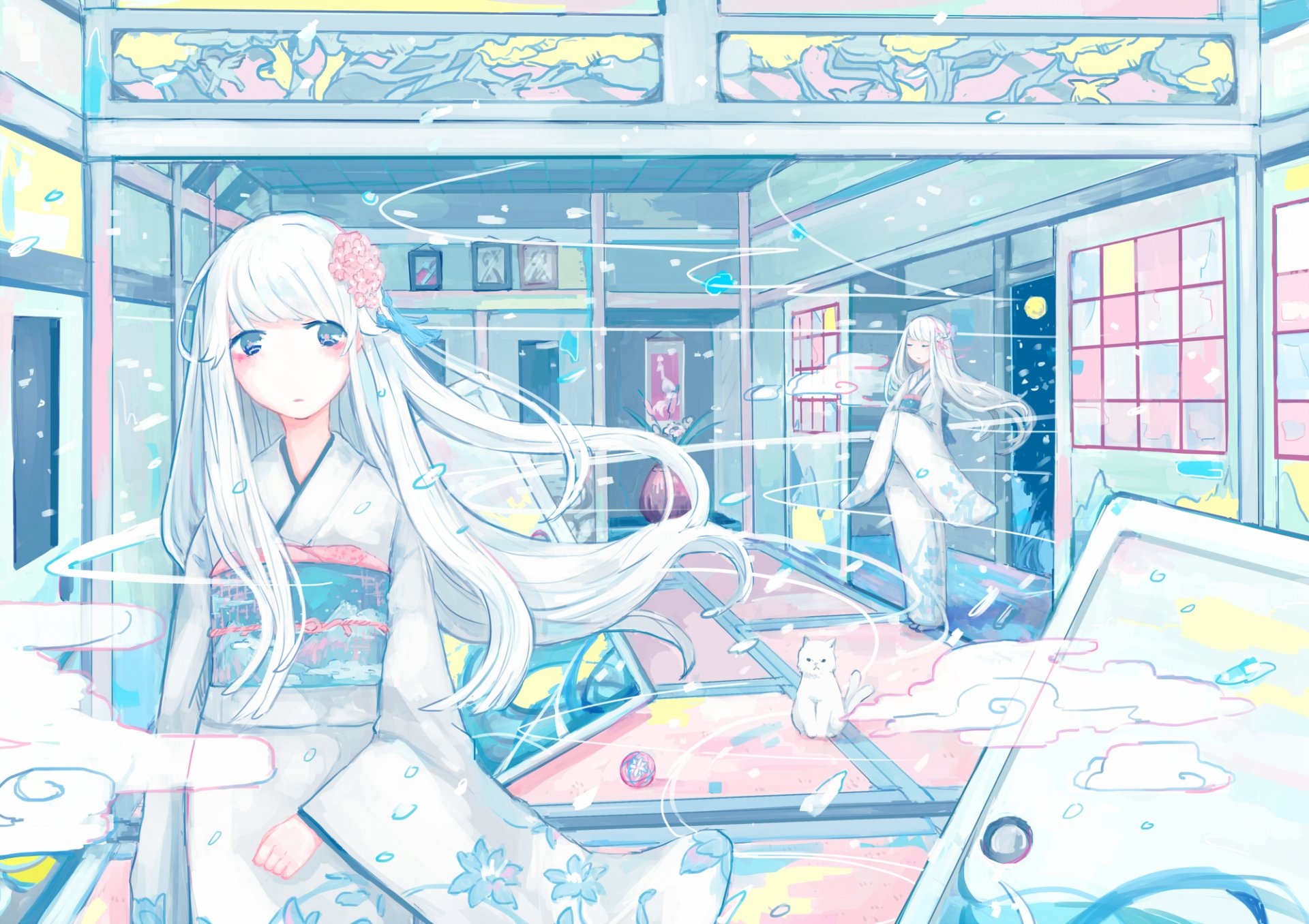 HD anime-style original artwork featuring a serene girl with long white hair in a traditional outfit, set in a bright, detailed room, designed as a PC desktop wallpaper.