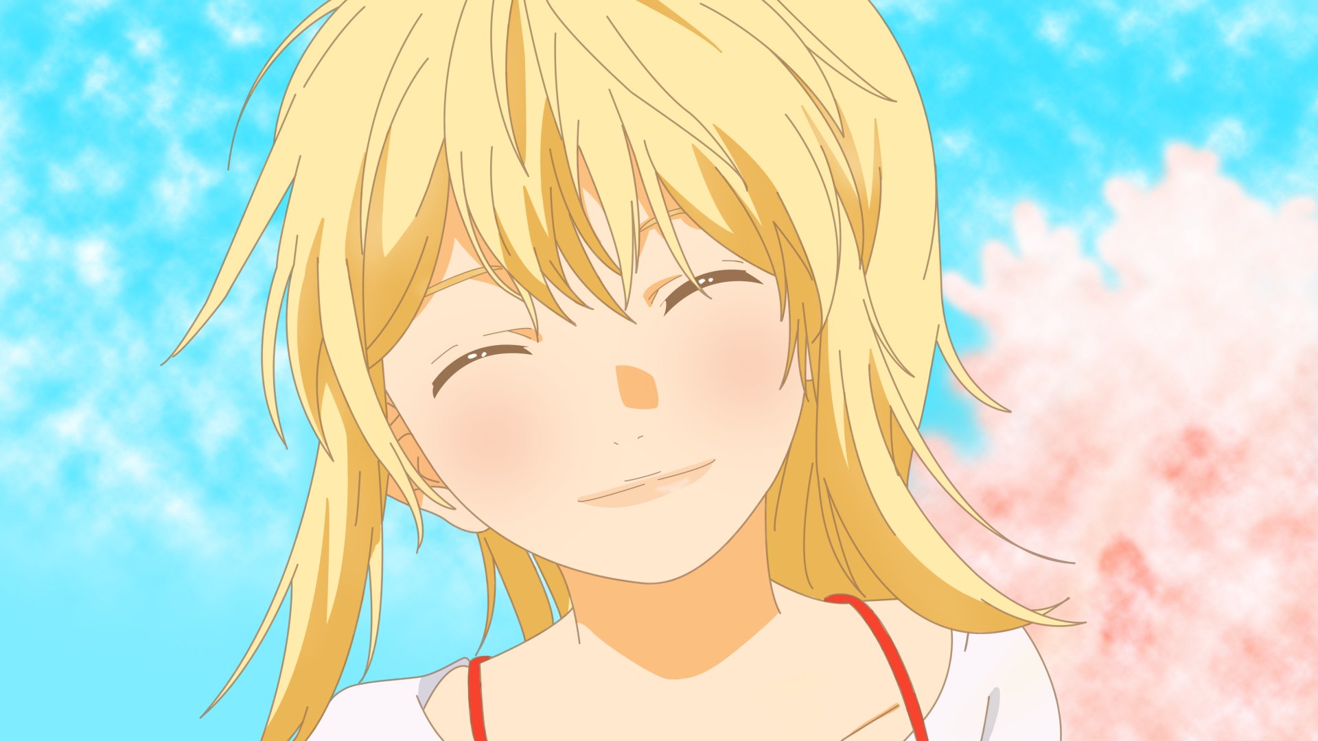 HD desktop wallpaper of Kaori Miyazono from Your Lie in April, featuring her smiling face with blonde hair against a bright, blue and pink sky background.