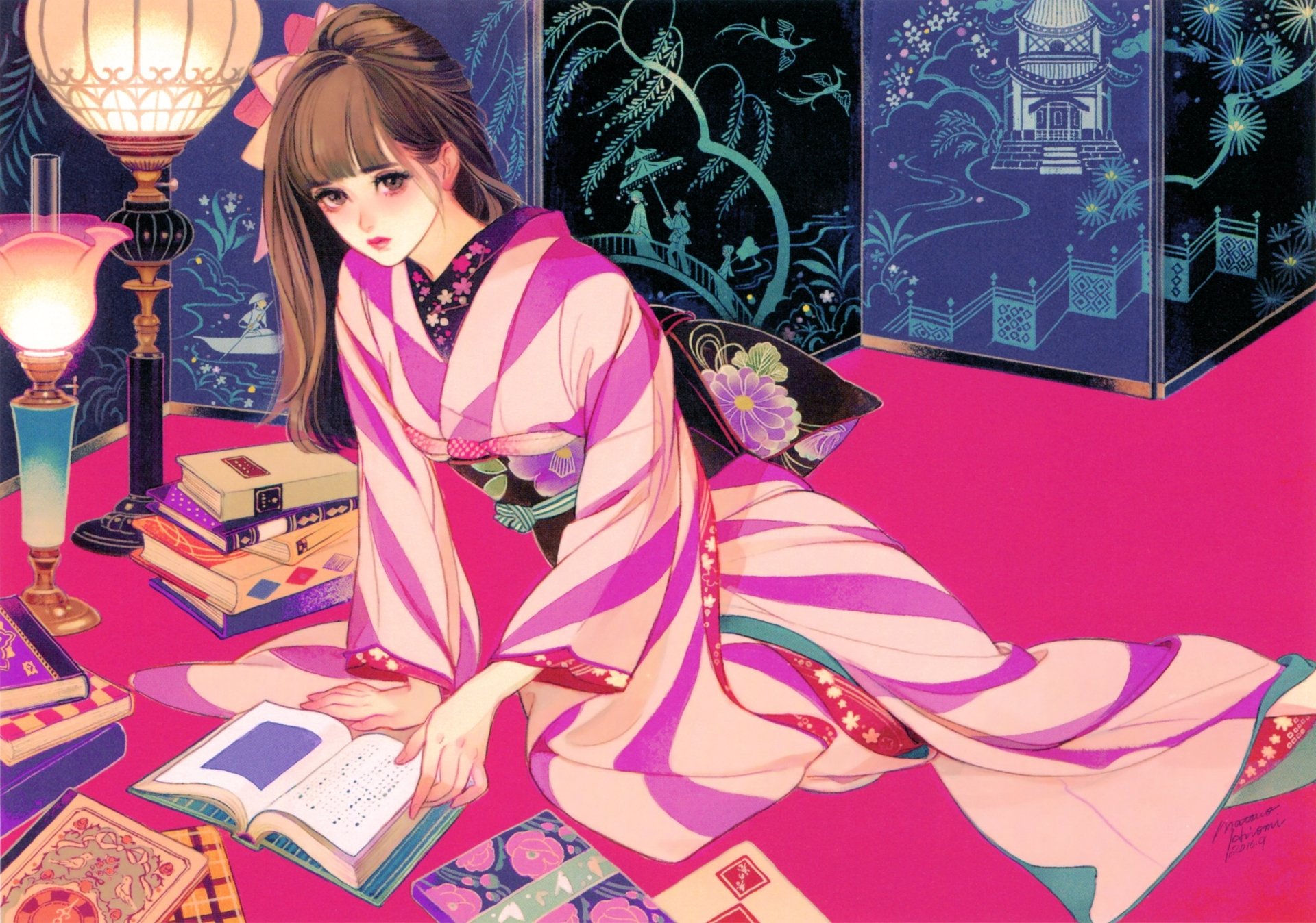 Anime original 4K Ultra HD PC desktop wallpaper and background — a young woman in a pink-and-white kimono kneels on a vivid red floor, reading by lanterns and ornate folding screens.