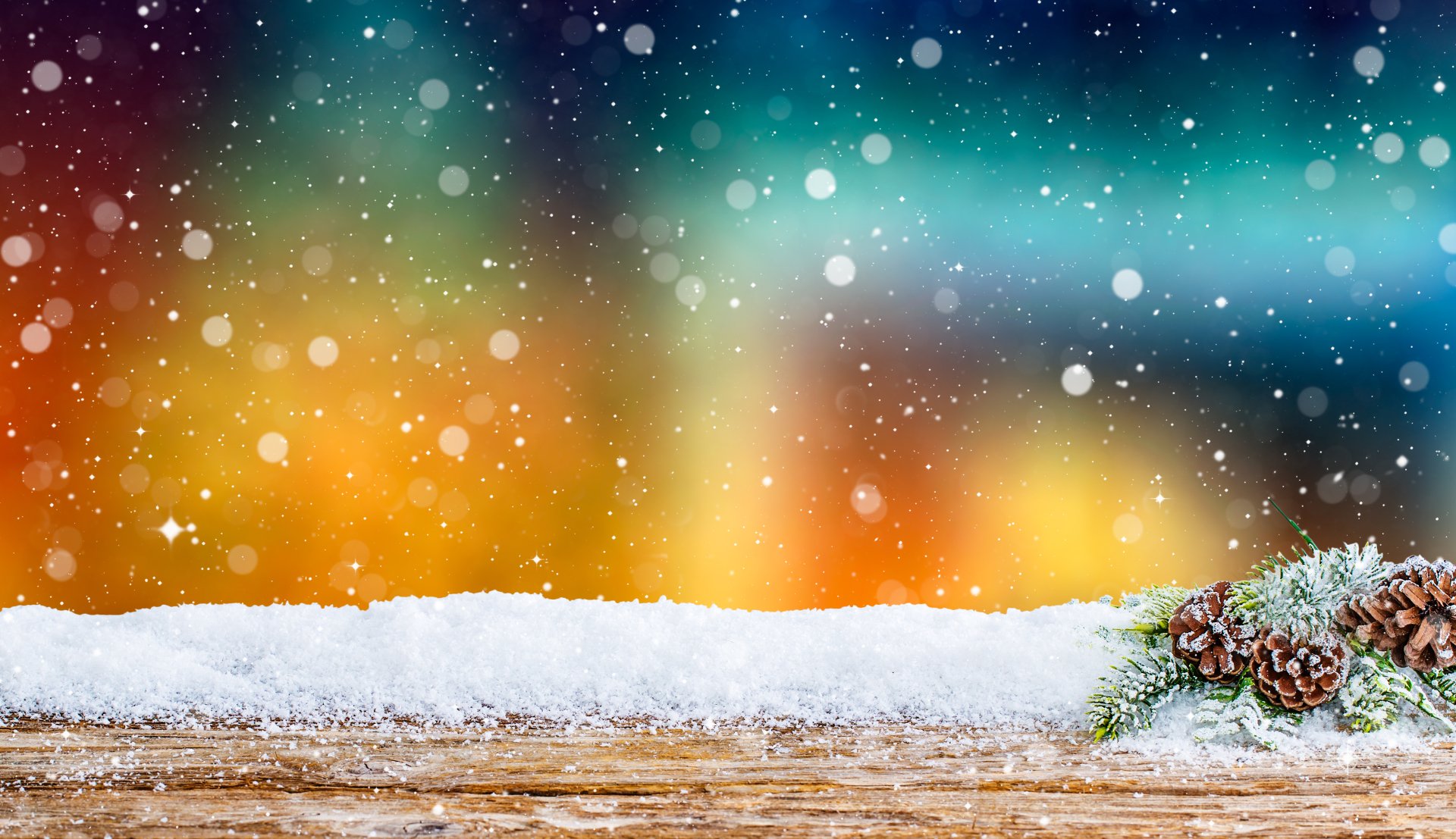 Nature, snowflake 4K Ultra HD PC desktop wallpaper: snowy wooden ledge with frosted pinecones and falling snowflakes against a colorful bokeh/aurora background.