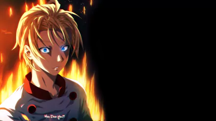 HD PC wallpaper featuring Takumi Aldini from the anime Food Wars: Shokugeki no Soma with intense lighting and flames in the background.