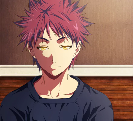 HD desktop wallpaper featuring Sōma Yukihira from the anime Food Wars: Shokugeki no Soma, showcasing his confident expression against a warm-toned background.