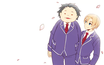 HD PC wallpaper featuring anime characters Isami Aldini and Takumi Aldini from Food Wars: Shokugeki no Soma, depicted in school uniforms with a white background and falling petals.