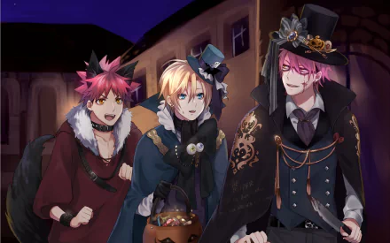 HD anime desktop wallpaper featuring Kojirō Shinomiya, Takumi Aldini, and Sōma Yukihira from Food Wars: Shokugeki no Soma in detailed, festive attire.