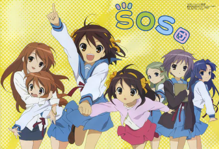 2K Quad HD PC wallpaper of The Melancholy of Haruhi Suzumiya: Haruhi, Yuki, Mikuru, Ryōko and Emiri in school uniforms and skirts, short hairstyles, brown hair/eyes, bright yellow background.