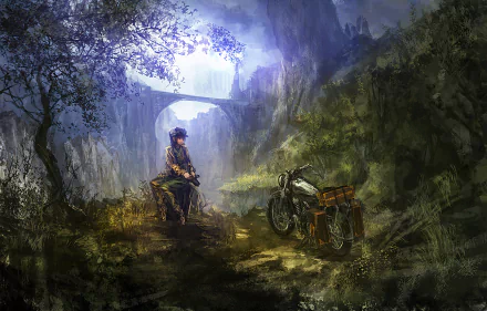 Kino (Kino's Journey) anime: Kino sits beside her motorcycle on a misty forest trail beneath a stone bridge — 2K Quad HD PC desktop wallpaper/background.