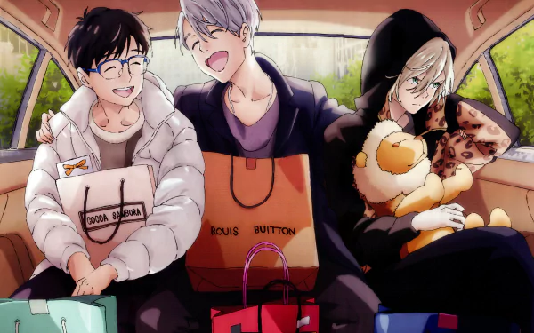 HD desktop wallpaper from Yuri!!! on ICE featuring three characters in a car, smiling and holding shopping bags, with lush greenery visible through the windows.