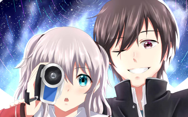 HD desktop wallpaper featuring Yū Otosaka and Nao Tomori from the anime Charlotte, with a cosmic background.