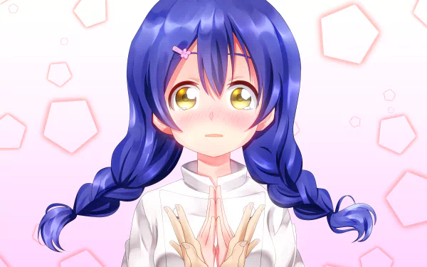 Megumi Tadokoro from Food Wars: Shokugeki no Soma — anime 4K Ultra HD PC desktop wallpaper showing her with braided blue hair, clasped hands and a soft pink hexagon background.