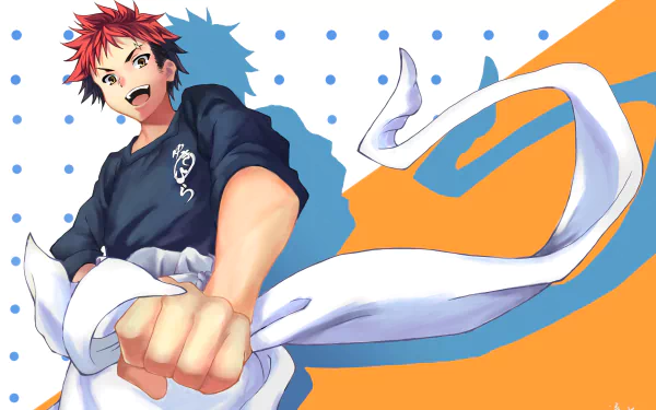 2K Quad HD PC desktop wallpaper of Sōma Yukihira from Food Wars: Shokugeki no Soma — red-haired anime chef in a dynamic pose, fist forward, apron ribbon swirling over orange and blue background.