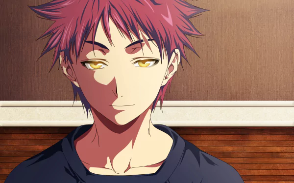 HD desktop wallpaper featuring Sōma Yukihira from the anime Food Wars: Shokugeki no Soma, showcasing his confident expression against a warm-toned background.