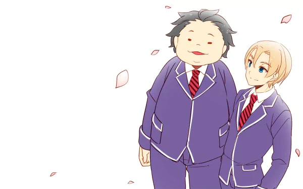 HD PC wallpaper featuring anime characters Isami Aldini and Takumi Aldini from Food Wars: Shokugeki no Soma, depicted in school uniforms with a white background and falling petals.