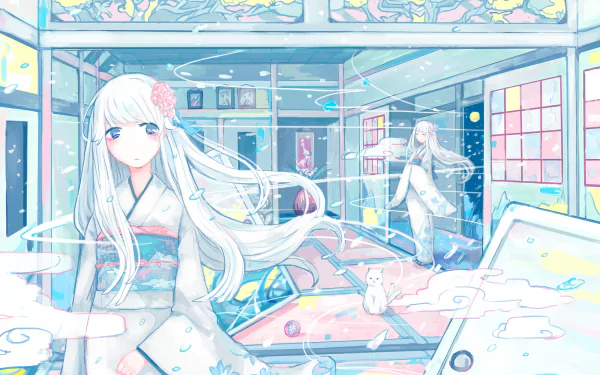 HD anime-style original artwork featuring a serene girl with long white hair in a traditional outfit, set in a bright, detailed room, designed as a PC desktop wallpaper.