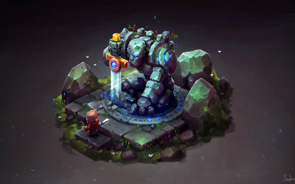 Artistic isometric HD wallpaper featuring a stylized rocky golem and a small character near a glowing magical structure.