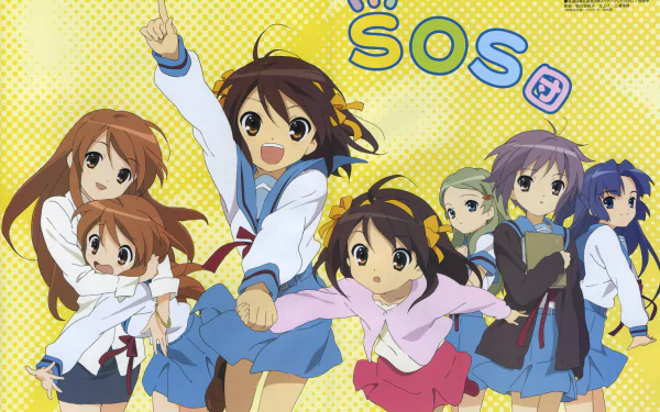 2K Quad HD PC wallpaper of The Melancholy of Haruhi Suzumiya: Haruhi, Yuki, Mikuru, Ryōko and Emiri in school uniforms and skirts, short hairstyles, brown hair/eyes, bright yellow background.