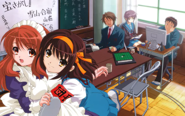 4K Ultra HD wallpaper featuring Mikuru Asahina, Itsuki Koizumi, Yuki Nagato, Kyon, and Haruhi Suzumiya from the anime The Melancholy of Haruhi Suzumiya in a classroom setting.