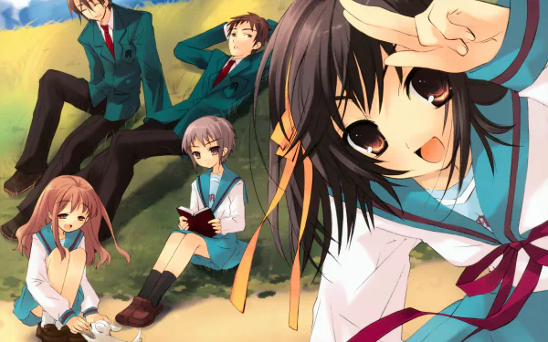 4K Ultra HD desktop wallpaper featuring anime characters from The Melancholy of Haruhi Suzumiya in a vibrant outdoor setting.