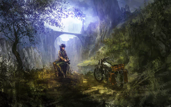 Kino (Kino's Journey) anime: Kino sits beside her motorcycle on a misty forest trail beneath a stone bridge — 2K Quad HD PC desktop wallpaper/background.