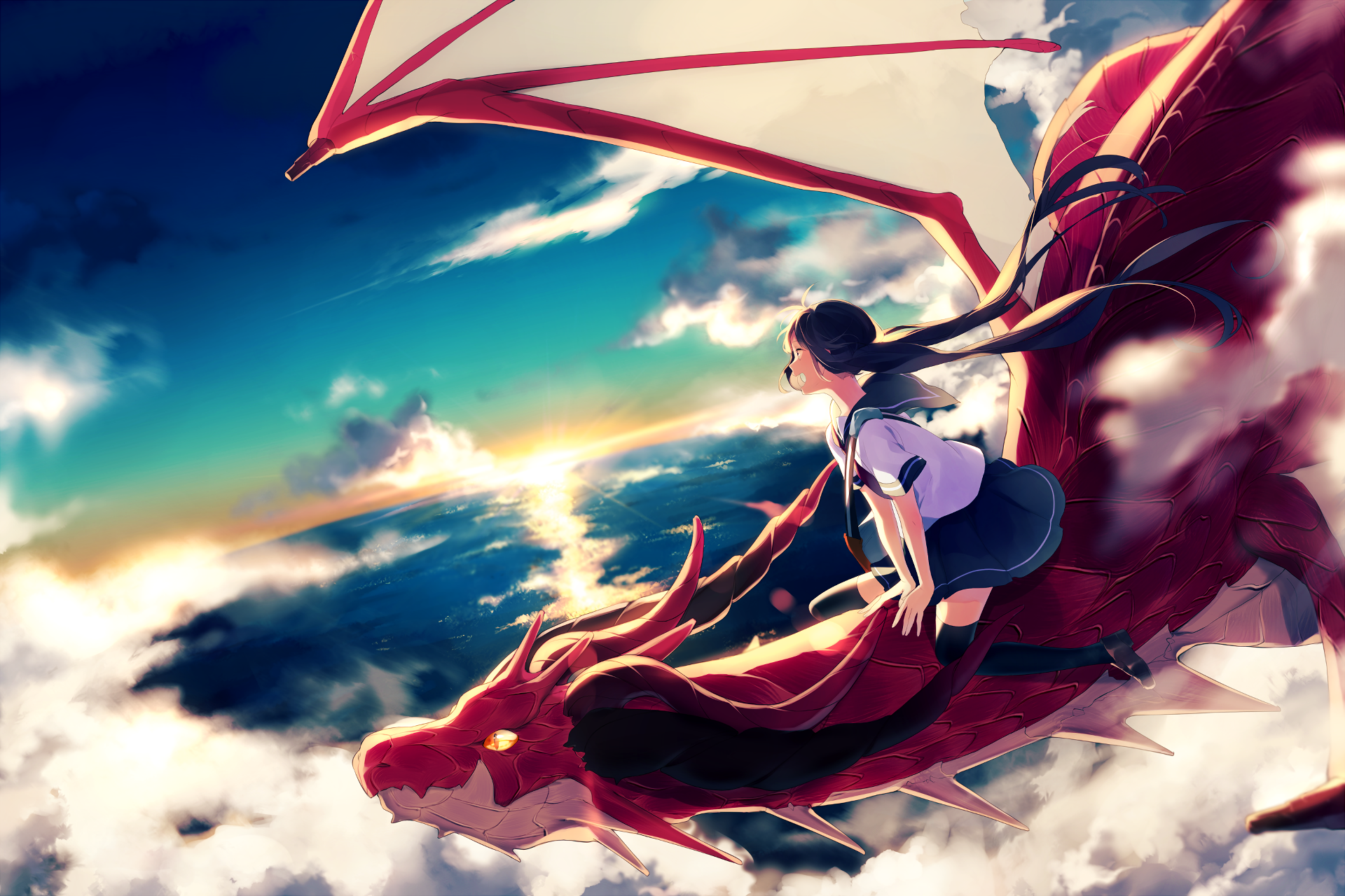 HD anime wallpaper showcasing an original scene of a girl riding a red dragon across the sky, with a stunning view of the sun setting over the clouds and ocean in the background.