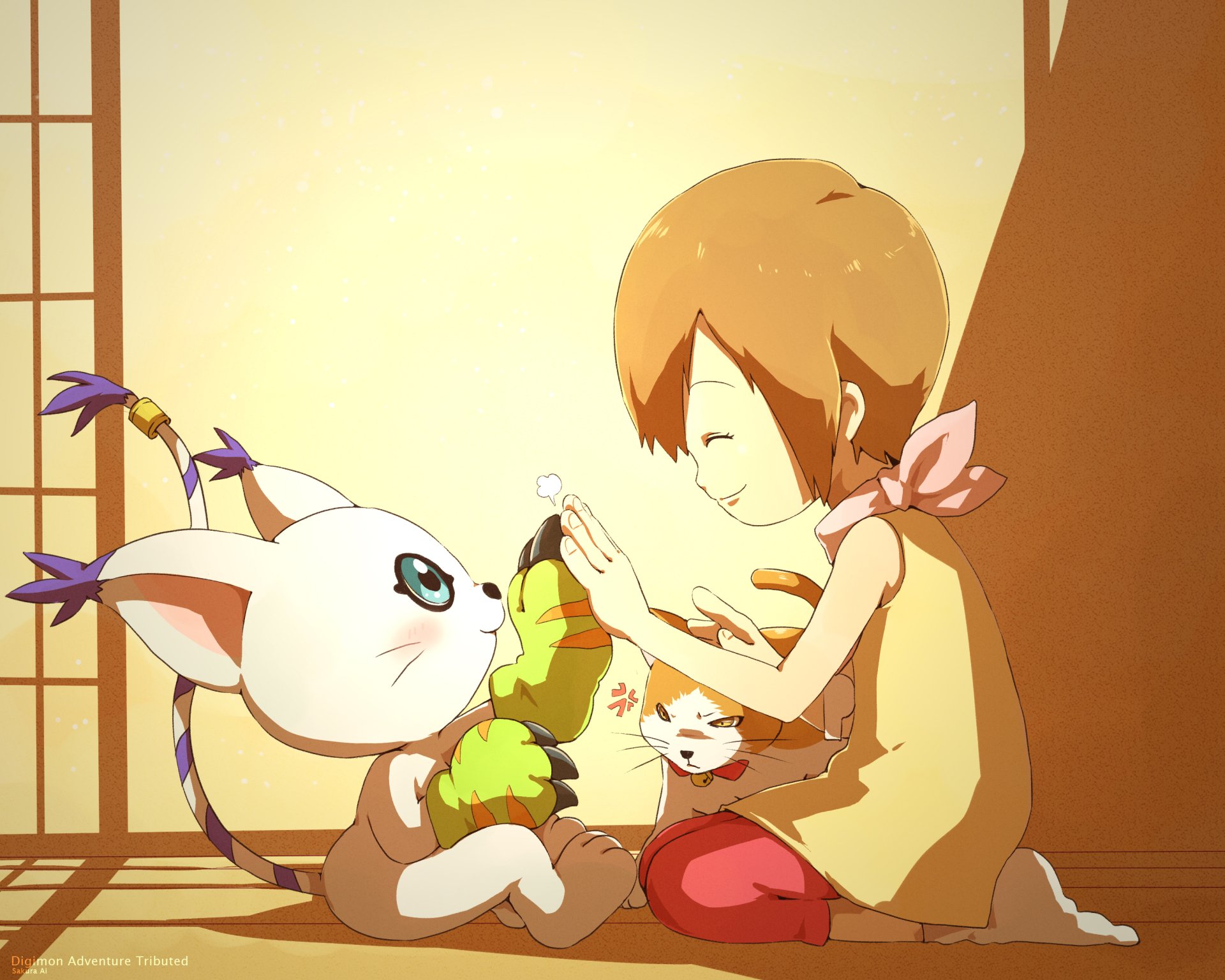 HD anime-style Digimon wallpaper featuring a girl gently interacting with a Digimon in a warm, softly lit room.