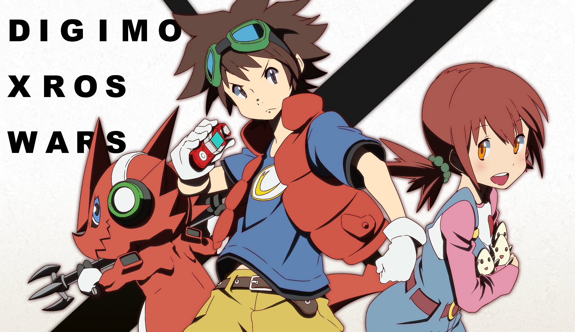 HD anime-style Digimon Xros Wars wallpaper featuring two characters and a Digimon in dynamic poses with bold black and white diagonal background elements.