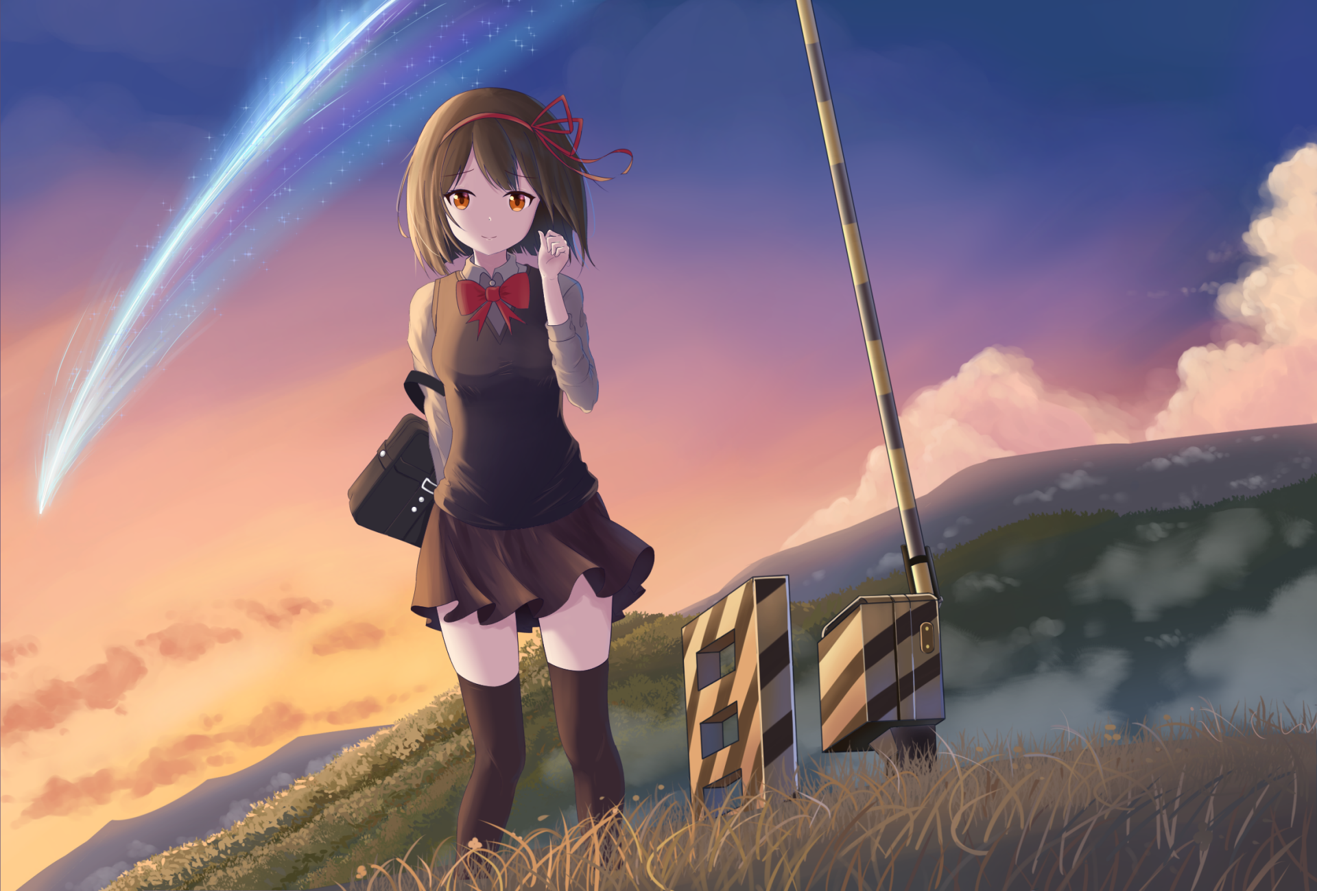 HD desktop wallpaper of Mitsuha Miyamizu from the anime Your Name, standing by a rustic railway crossing against a stunning sunset sky with a shooting star above.