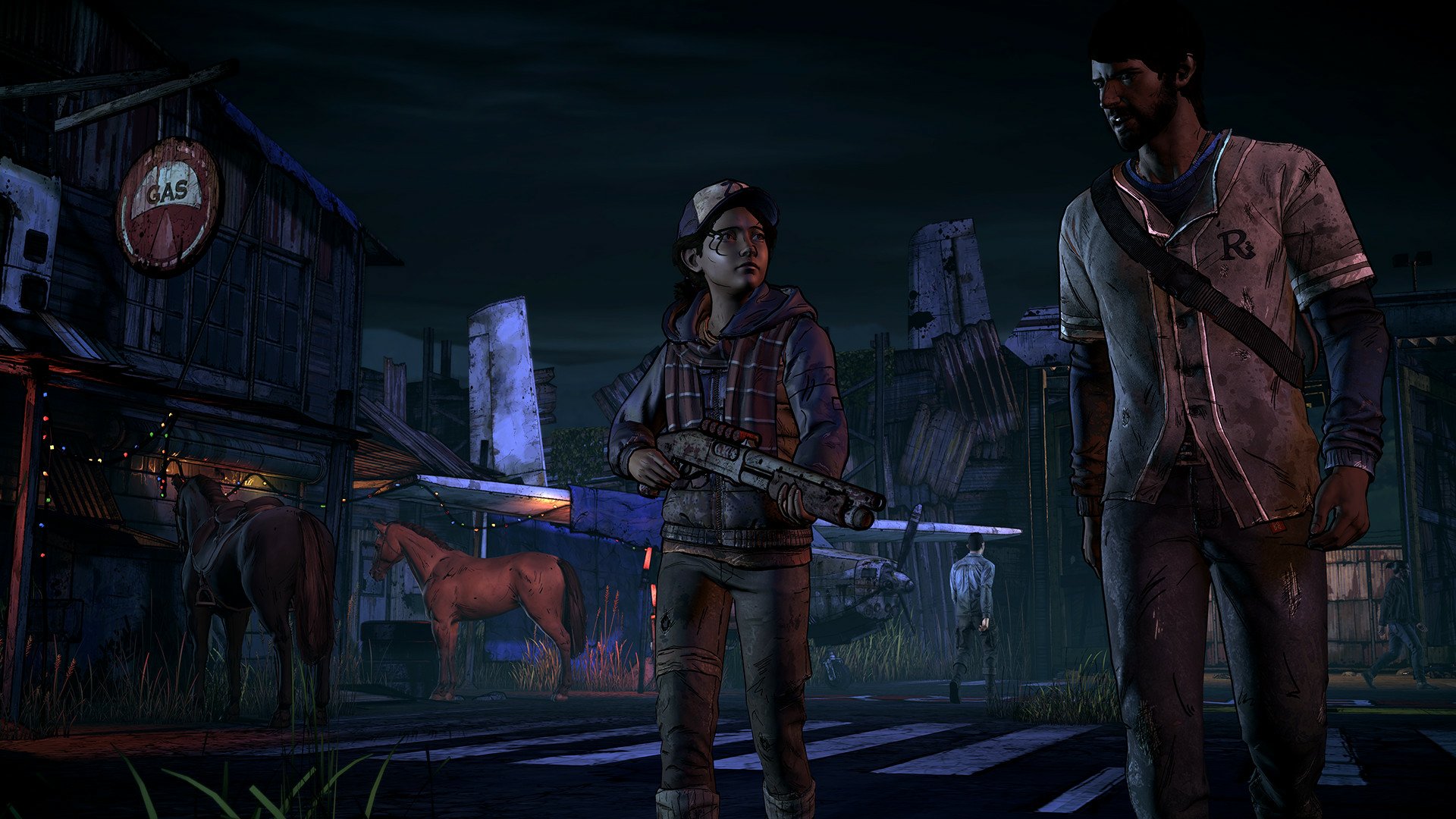 HD PC desktop wallpaper featuring Clementine and Lee from the video game The Walking Dead: A New Frontier in a dark, post-apocalyptic setting.