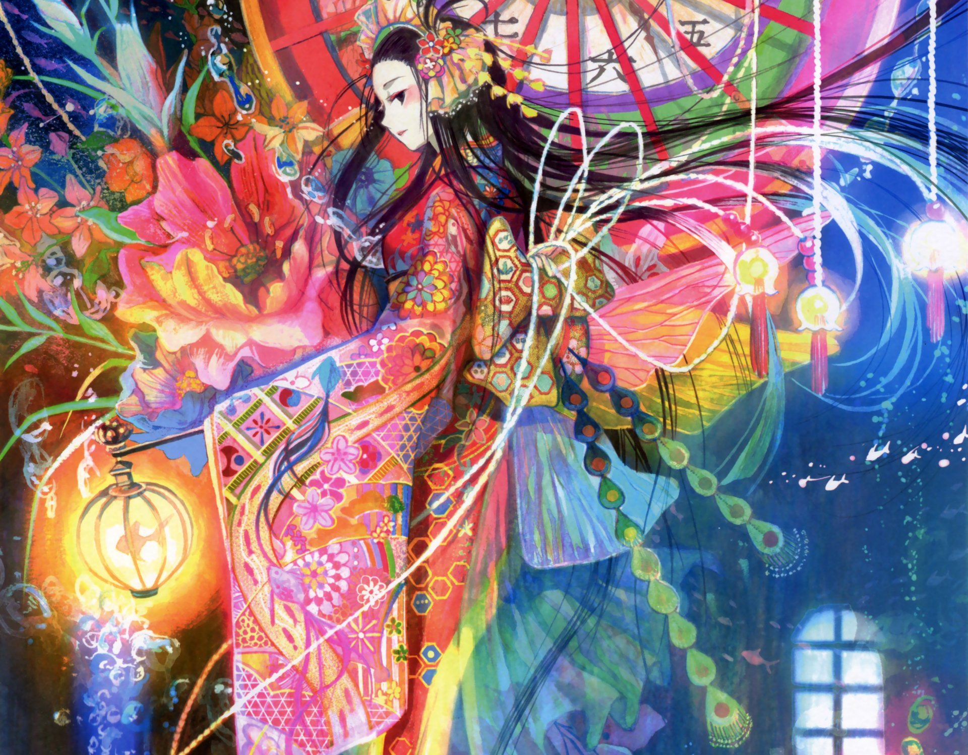 Vibrant anime-style geisha adorned in intricate kimono, surrounded by colorful flowers and glowing lanterns, captured in stunning 4K Ultra HD for PC desktop wallpaper.