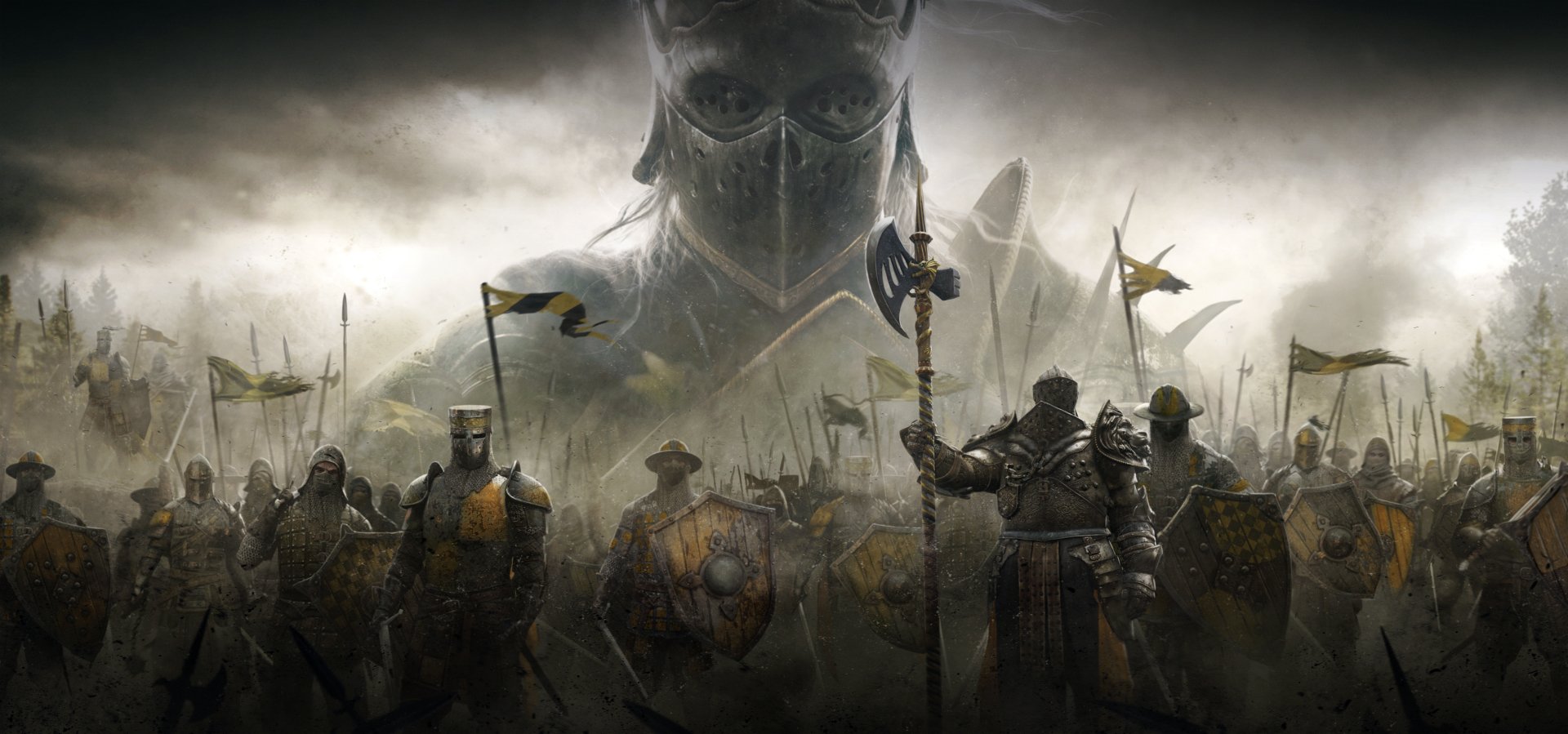 HD desktop wallpaper and background featuring a scene from the video game For Honor, depicting a dramatic battlefield with armored warriors and a towering, ominous figure in the background.
