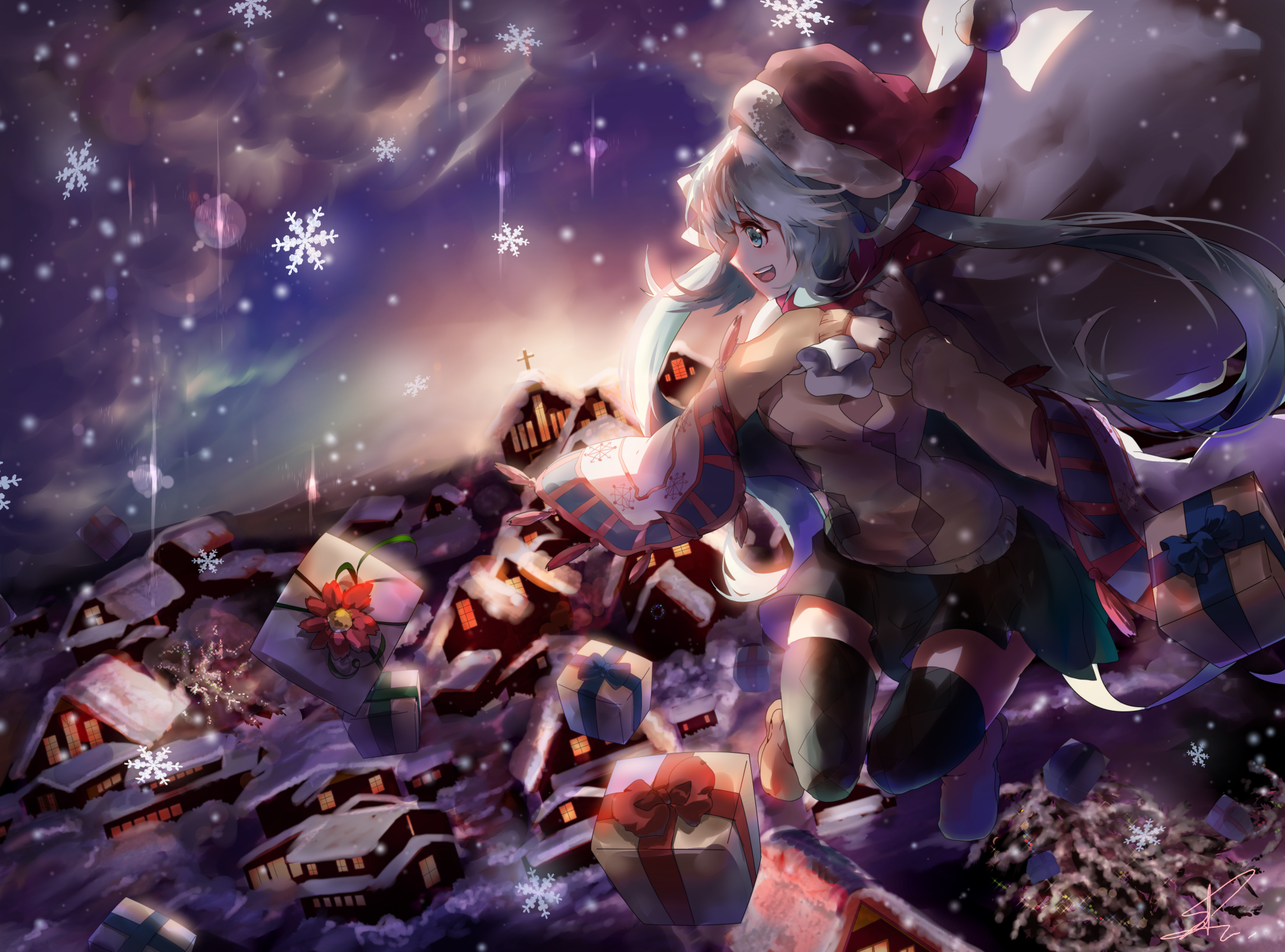 HD PC desktop wallpaper featuring Hatsune Miku from Vocaloid in a festive anime scene with snowflakes and holiday presents.