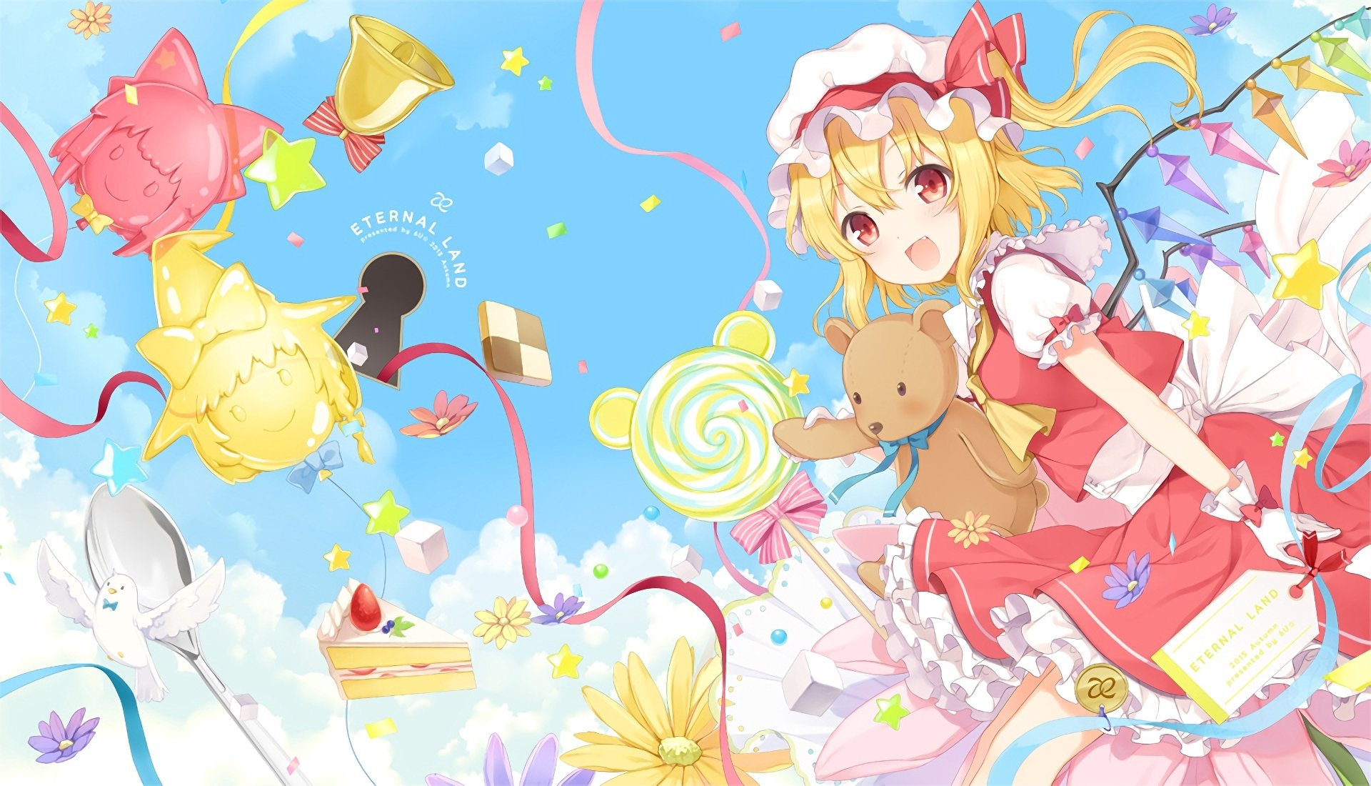 HD anime-style Touhou desktop wallpaper featuring a cheerful girl with wings, holding a teddy bear amid colorful sweets and festive decorations against a bright blue sky.