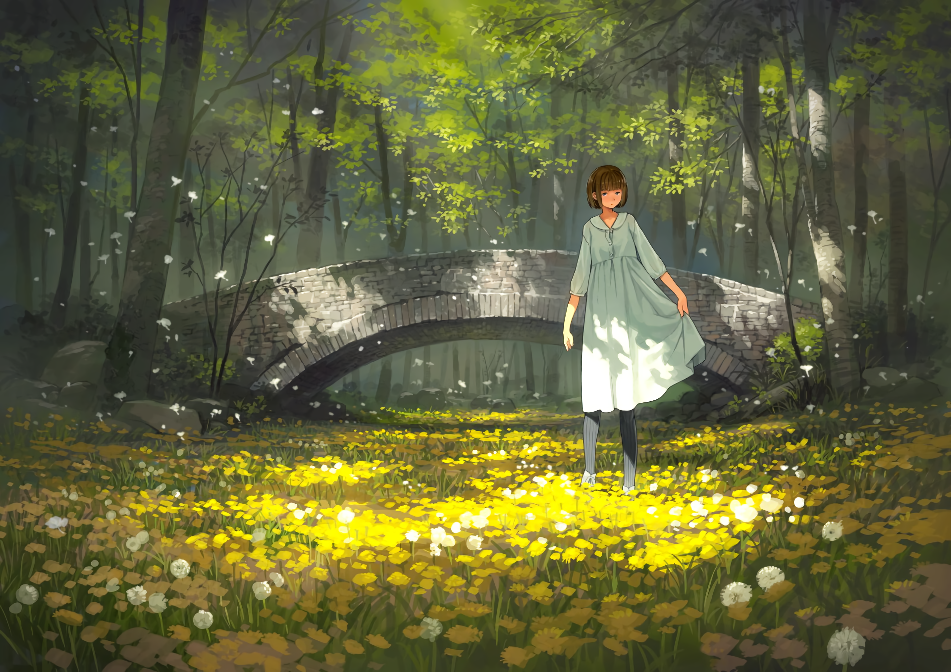 HD anime original artwork of a girl in a white dress standing in a sunlit forest clearing with a stone bridge in the background, designed as a PC desktop wallpaper.