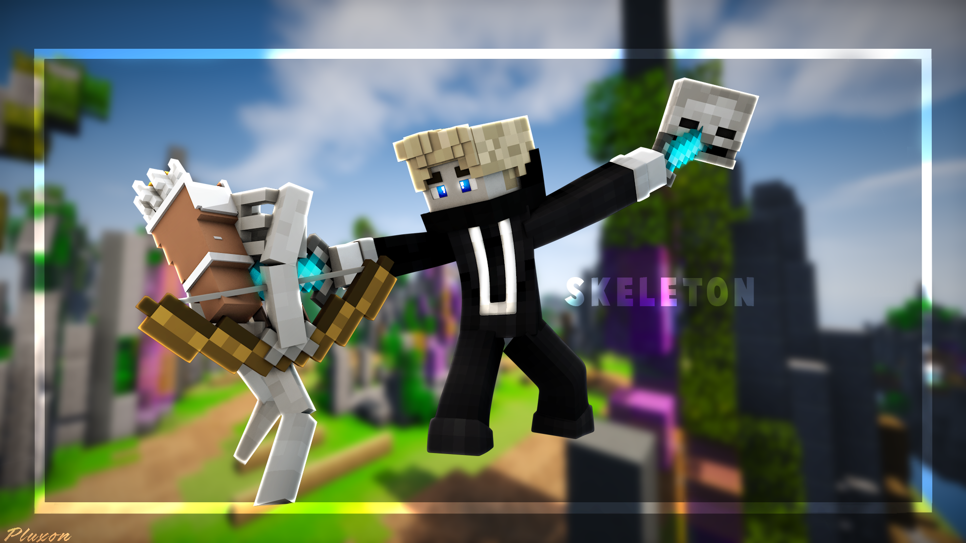 HD Minecraft PC desktop wallpaper featuring a blocky character holding a skeleton head and riding a horse in a vibrant, pixelated game environment.