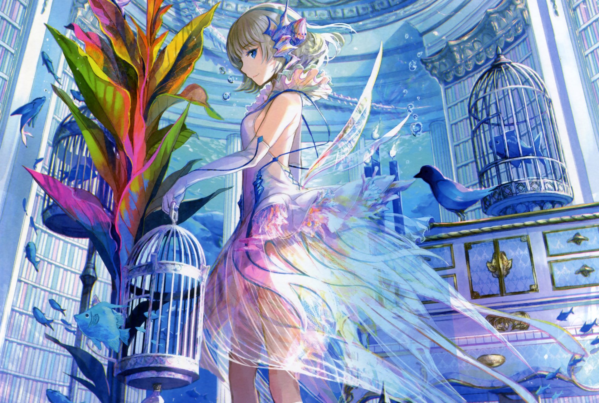 A stunning HD anime wallpaper displaying an original character in a magical room with birdcages, vibrant plants, and ethereal colors, creating a captivating and dreamlike atmosphere.