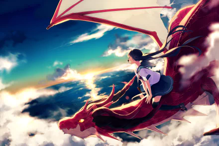 HD anime wallpaper showcasing an original scene of a girl riding a red dragon across the sky, with a stunning view of the sun setting over the clouds and ocean in the background.