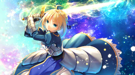 HD desktop wallpaper of an anime character from Fate/Stay Night, showcasing a blonde warrior in blue and silver armor wielding a glowing sword against a starry, colorful background.