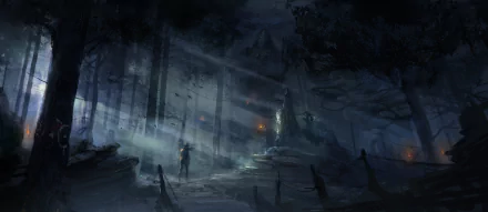 Dark forest scene featuring Lara Croft, the woman warrior from Tomb Raider (2013), rendered in 4K Ultra HD as a PC desktop wallpaper for intense gaming ambiance.