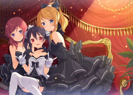 HD anime desktop wallpaper featuring Maki Nishikino, Eri Ayase, and Nico Yazawa from Love Live! in elegant black dresses against a luxurious red and gold backdrop.