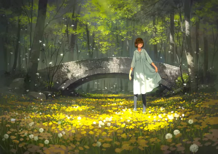 HD anime original artwork of a girl in a white dress standing in a sunlit forest clearing with a stone bridge in the background, designed as a PC desktop wallpaper.