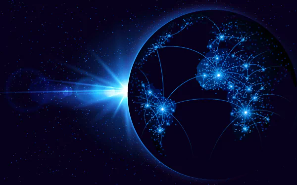 Artistic HD PC desktop wallpaper featuring a glowing globe with illuminated network connections against a dark blue space background.