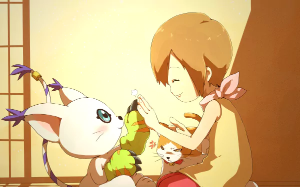 HD anime-style Digimon wallpaper featuring a girl gently interacting with a Digimon in a warm, softly lit room.