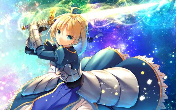 HD desktop wallpaper of an anime character from Fate/Stay Night, showcasing a blonde warrior in blue and silver armor wielding a glowing sword against a starry, colorful background.