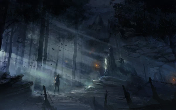 Dark forest scene featuring Lara Croft, the woman warrior from Tomb Raider (2013), rendered in 4K Ultra HD as a PC desktop wallpaper for intense gaming ambiance.
