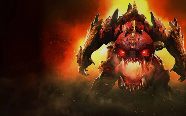 HD PC desktop wallpaper featuring Pinky, a fierce demon from the video game Doom (2016), set against a fiery, dark background.