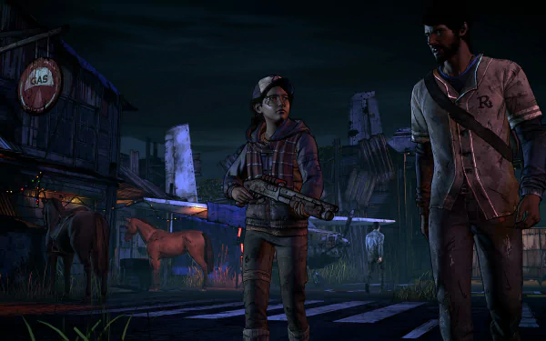 HD PC desktop wallpaper featuring Clementine and Lee from the video game The Walking Dead: A New Frontier in a dark, post-apocalyptic setting.