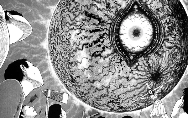 HD anime desktop wallpaper from Hellstar Remina featuring characters gazing at a massive, detailed eye-shaped celestial body in a dramatic black-and-white scene.