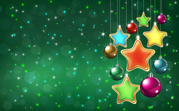 Colorful star-shaped Christmas ornaments and baubles hang against a sparkling green background, creating a vibrant holiday-themed HD desktop wallpaper.